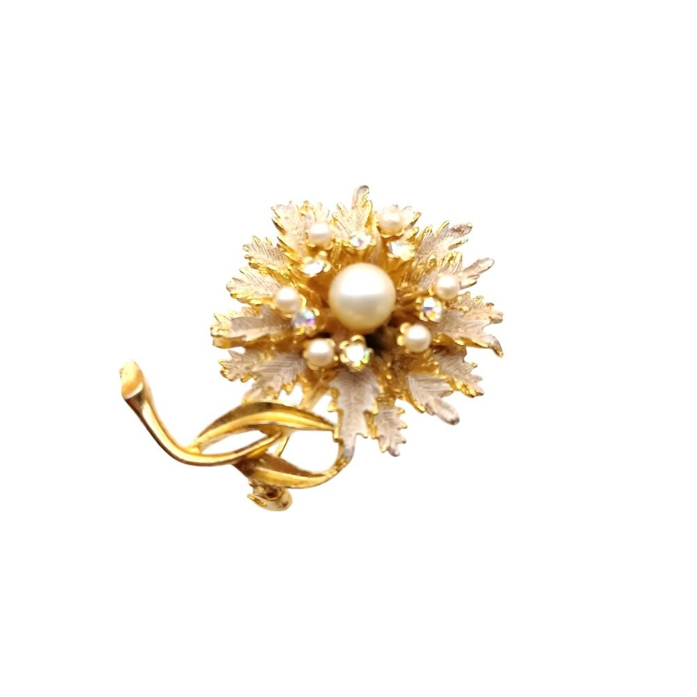 Vintage BSK Gold-Tone Floral Brooch With Faux Pearl & Rhinestone Accents